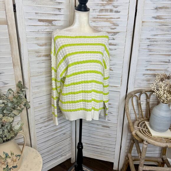 AMOUR VERT NEW Women's Lar Stripe Novelty Sweater Ivory Lime Cotton Linen Gauze - Picture 4 of 16